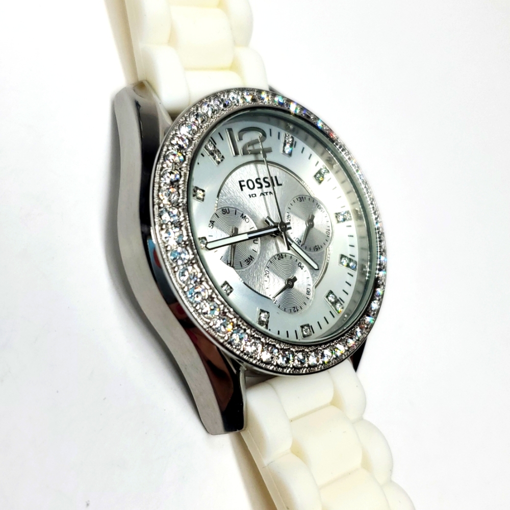 Fossil Watch ES2526 Silver white Silicone Wristband Crystal Bezel Multifunction - Picture 9 of 15